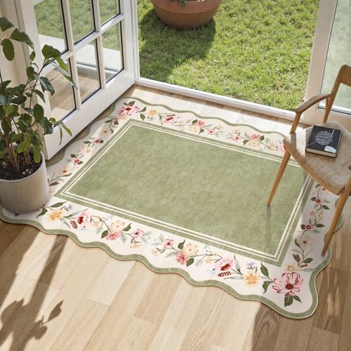 Lahome Floral 2x3 Rug, Green Kitchen Rugs Washable Scalloped Bathroom Rug - Image 4