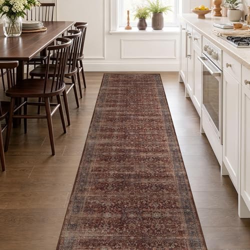 Brick Red 2x10 Rug Runners for Hallways Non Slip, Long Kitchen Runner Rugs Non Skid Washable, Vintage Famrhouse Low Pile Thin Print Carpet Runners for Entryway Corridor Mudroom Foyer - Image 3