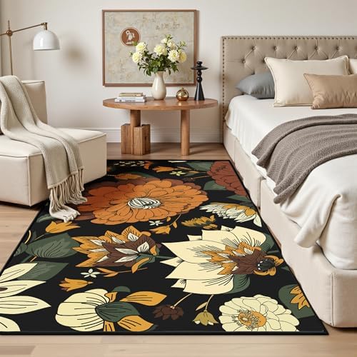 Tyrot Black Boho Floral 3x5 Area Rug, Washable Mid Century Modern Style - Image 2