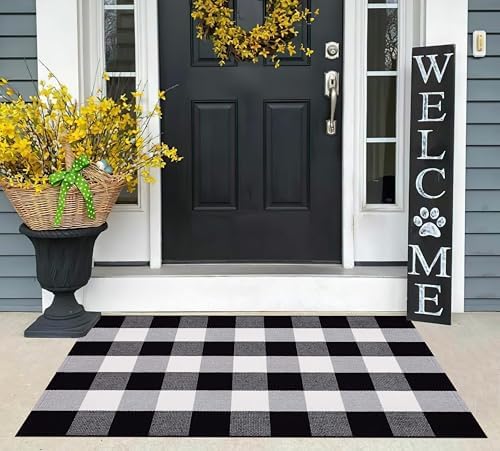 BUAGETUP Black and White Layered Doormat,27.5"x43.3"Cotton Door Mat Outdoor by BUAGETUP