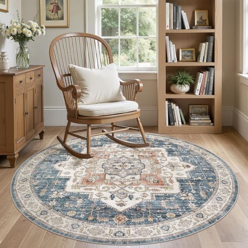 6ft Round Rug: Washable Vintage Blue Area Rugs for Living Room - Image 3