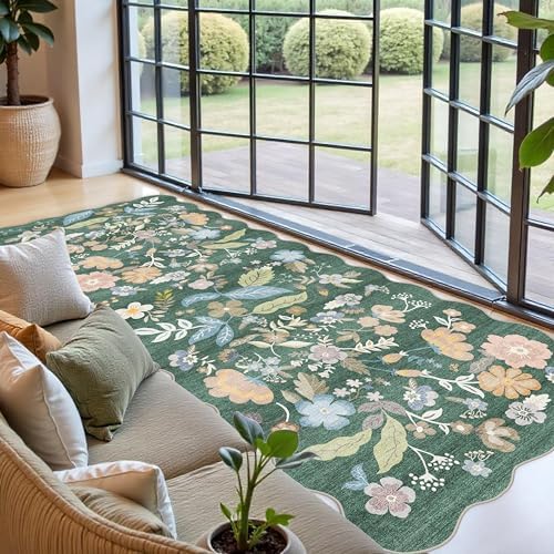 4x10 Washable Runner Rug for Hallway: Scalloped Floral Kitchen Rugs Green - Image 7