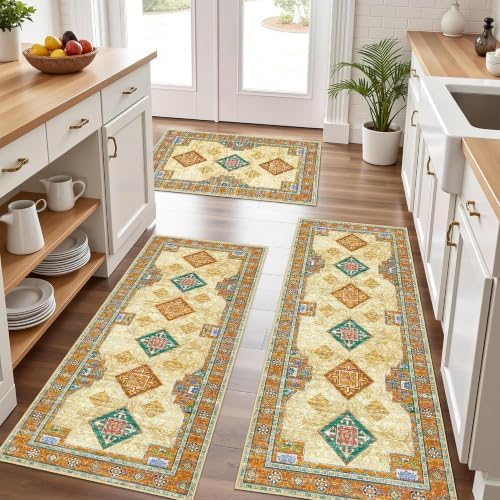 Kitchen Rugs Sets of 3 Non Slip Washable Kitchen Mats for Floor, Orange by Tritard