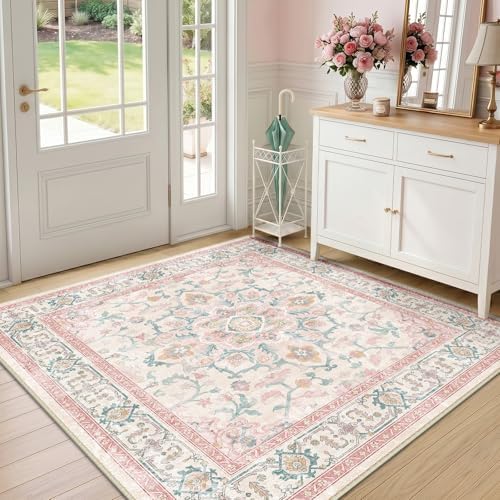 CAPALOCA Square 4ft Washable Nursery Girls Low Pile Area Rug Pink Teal - Image 2