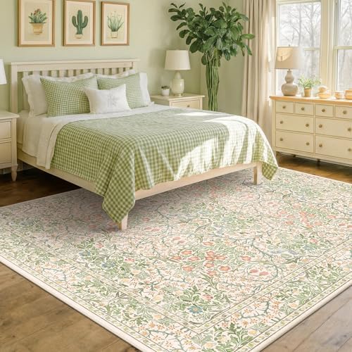 Light Green Bedroom Rug, 7x10 Washable Area Rug Non-Slip for Living Room, Nursery, Kids Room, Dining Room, Vintage Beige Botanical Low Pile Soft Carpet Fade Resistance by HazoHaus