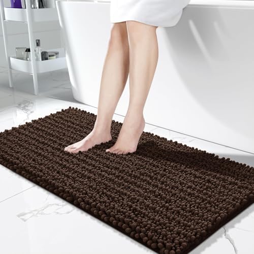Yimobra Bathroom Runner Rug 55x24 Inch - Extra Long Non Slip Chenille Bath Mat, Soft & Absorbent, Machine Washable Shaggy Hallway Carpet for Vanity Tub Shower, Brown Home Decor Accessories by Yimobra