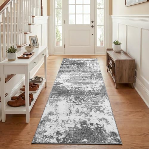 Grey 2x5 Washable Entryway Runner Rug Non Slip for Hallways Kitchen, Bathroom Rug Runners with Rubber Backing 5ft Long Carpet for Laundry Room, Low Pile Stain & Fade Resistant, Abstract Gray by Acapet