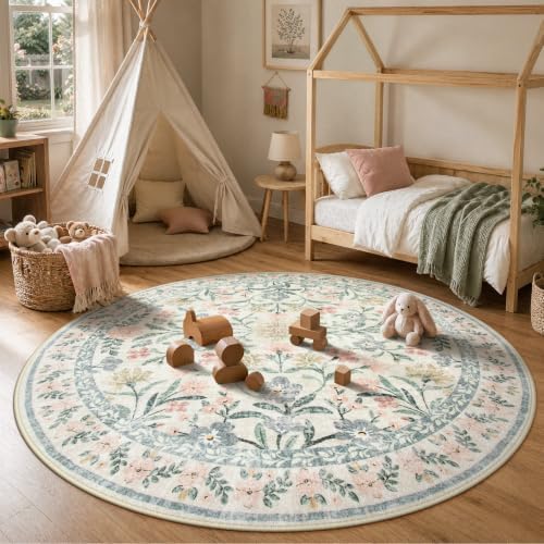 Wonnitar Round Washable Rug, Soft Floral Round Rugs 5ft Circle Carpets for Bedroom Ultra-Thin, Boho Beige Print Distressed Circular Carpet for Living Room Dorm Bedside - Image 6