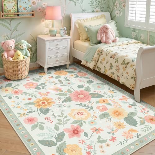 RELEANY Floral Washable 6x9 Area Rugs Beige/Green - Image 2
