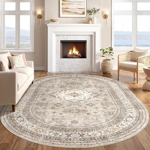 cotiled 6x9 Ellipse Area Rug for Living Room, Washable, Traditional, Beige - Image 6