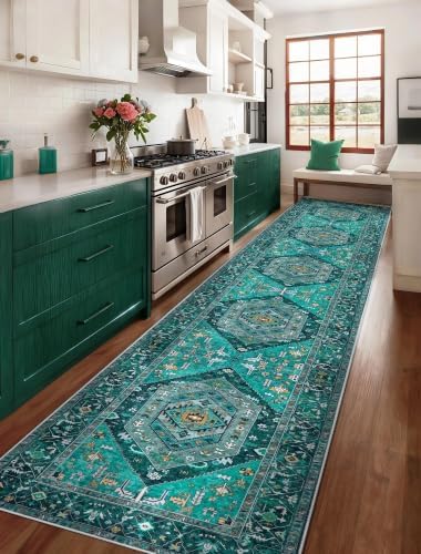 SERISSA 2'6"x14' Washable Non Slip Boho Runner Rug for Hallway，Teal - Image 2