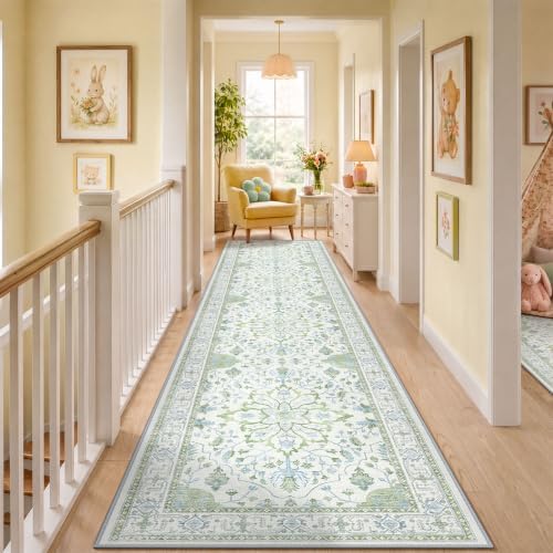 RELEANY Washable Area Rug, Runner 3'x12', Green/White/Blue - Image 2