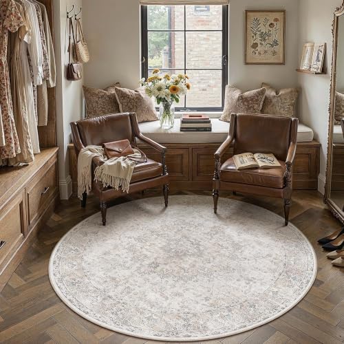 HUGEAR Beige Round Rugs 6x6 Washable Rug Indoor Carpet by HUGEAR