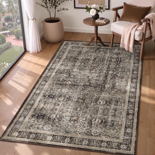 Washable Area Rug 3'x5' Entryway, Vintage MCM, Black/Brown/Beige - Image 5
