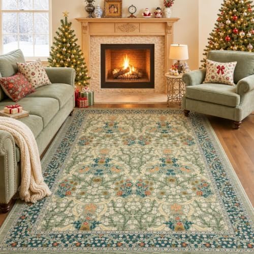 GarveeHome Sage Green Floral 5x7 Washable Area Rug for Living Room Bedroom by GarveeHome