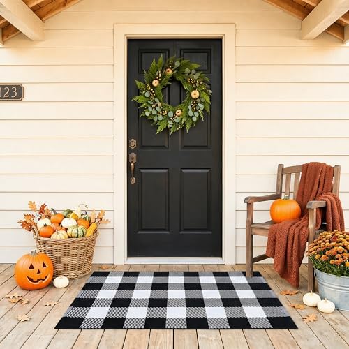 Black and White Buffalo Plaid Rug 28"x43", Halloween Door Mat, Washable Layering Rug for Front Door Entryway Porch Indoor Outdoor - Image 3