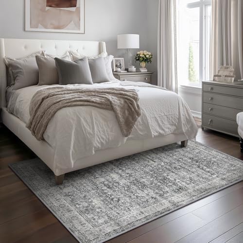 Grey 5x7 Area Rugs for Living Room Bedroom, Washable Non Slip Low Pile Thin Soft Carpet Rugs for Dining Room/Kitchen/Home Office/Nursery, Vintage Neutral Gray with Accents - Image 3
