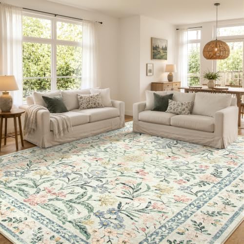 Wonnitar Large Living Room Rug, Floral 10 x 14 Machine Washable Area Rugs, Soft Boho Ultra-Thin Non-Shedding Indoor Aesthetic Carpet for Bedroom Dining Room Office by Wonnitar