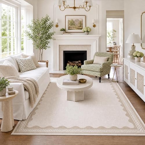GarveeHome Scalloped Washable Rugs 5x7 Rug for Living Room, 5 x 7 Rug Solid Beige Modern Low-Pile Carpet for Bedroom Dining Nursery Non Slip Mat with Rubber Back by GarveeHome