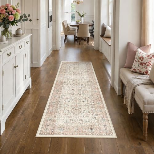 2x5 Washable Kitchen Runner Rug Non-Slip Vintage Pink Throw Carpet - Image 2