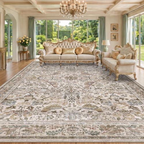 Large Washable Floral 10x14 Area Rug for Living Room - Boho Soft Rugs for Bedroom, Non Slip Washable Carpet for Dining Room Under Table, Vintage Bird Moss Indoor Décor, Low Pile Stain Resistant by HazoHaus
