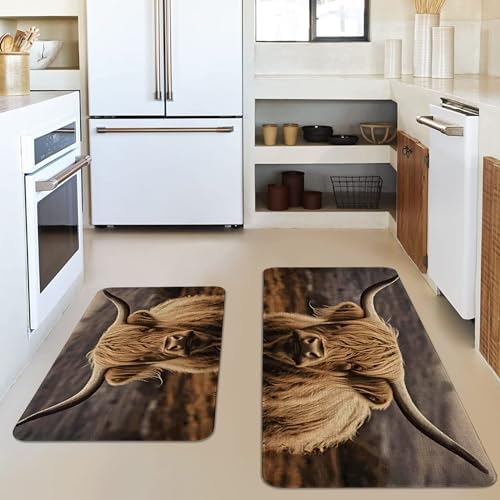 Farmhouse Highland Cow Kitchen Rugs Sets of 2 Non Slip Washable, Rustic Country Brown Highland Cow Kitchen Mats for Floor 2 Piece Home Decor - Image 2