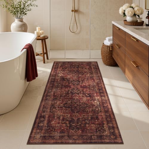 Washable Hallway Runner Rug 2'x5', Vintage Medallion, Dark Red - Image 4