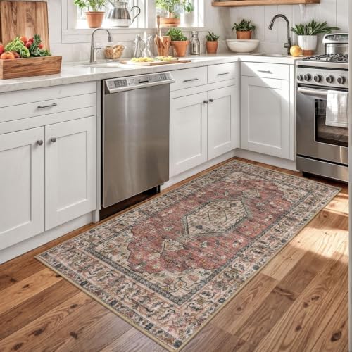 KUTA 3x5 Vintage Area Rug Terracotta Pink Washable Entryway Rugs - Image 4
