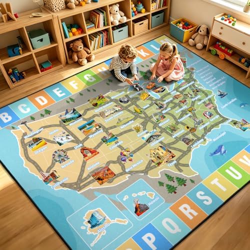 Kids Car Road Play Rug 8x10 ft, ABC City Map Car Rug Play Mat by GRAMBET