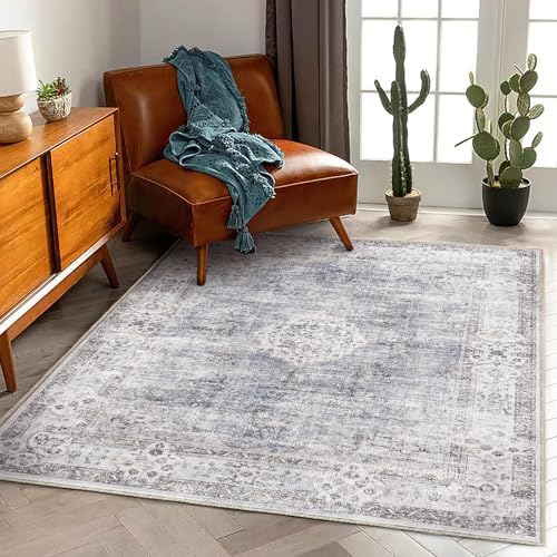 CHAMPLANT Washable Area Rug 3'x5' Vintage Traditional Floor Cover Foldable Thin Rugs Retro Kitchen Indoor Distressed Non Slip Carpet Floral Print Mat Bedroom Living Room by CHAMPLANT