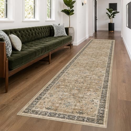 Boho Washable 3x10 Extra Long Runners for Hallways, Earthy Rustic Brown and Charcoal Olive Kitchen Runner Rug, Vintage Entryway Indoor Rug, Non-Slip Stain Resistant Low Pile Throw Rug - Image 6