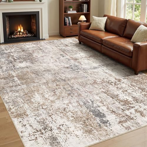 UERMEI Area Rug Living Room Rugs - Washable Neutral Modern Abstract Soft Thin Rug Indoor Floor No Slip Rug Carpet for Bedroom Under Dining Table Home Office Decor - Brown/Grey/Red - 9x12 - Image 4