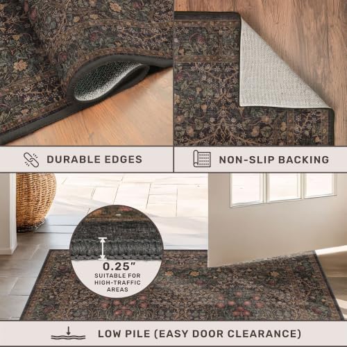 Boho Dark Brown 3x5 Large Entryway Rug - Moody Neutral Washable Low Pile Area Rugs Non-Slip for Mudroom, Door Mat Indoor Entrance, Kitchen, Laundry, Taupe Golden Accent Floral Floor Decor - Image 5