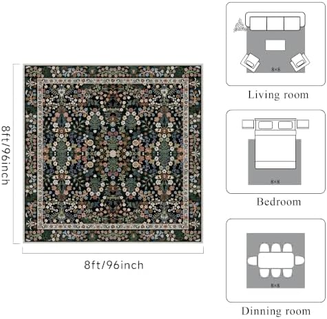 Square 8x8 Area Rug Non-Slip: Washable Stain Resistant Vintage Rug Black - Image 2