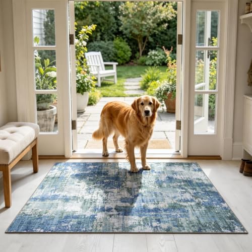 Sasttie 3x5 Entryway Area Rug, Modern Abstract Small Carpet, Blue & Green by SASTTIE
