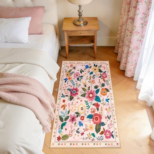 Floral Washable 2x4 Area Rugs Runner Entryway Hallway Pink - Image 2