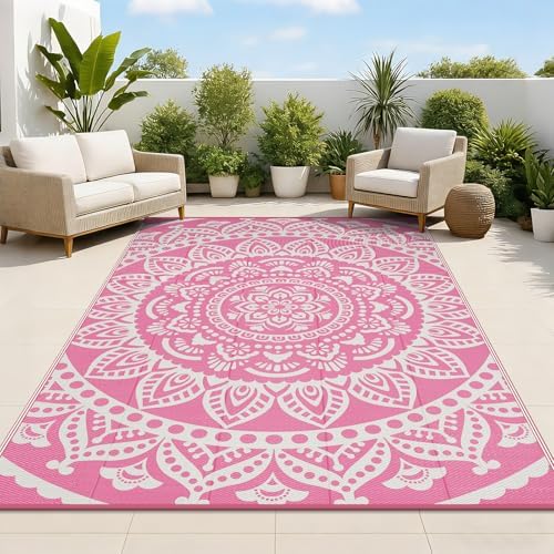 Bsmathom Waterproof Outdoor Rug 6'x9' Reversible Boho Plastic Straw Patio Deck Camping Rugs, Indoor Outdoor Portable RV Mat Clearance Carpet for Outside, Porch, Balcony, Backyard, Beach, Pool,Pink by Bsmathom