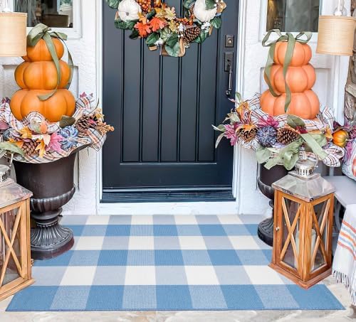 Light Blue and White Layered Doormat 24"x35",Buffalo Plaid Door Mat Outdoor by BUAGETUP