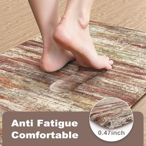 KIMODE Anti Fatigue Kitchen Mats for Floor 2 Piece,Red Brown Farmhouse Rugs - Image 3