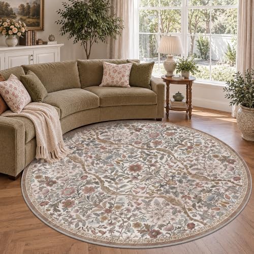 Round Rug 6ft Floral Circle Rug Khaki Botanical Indoor Area Rug by NakedCloud