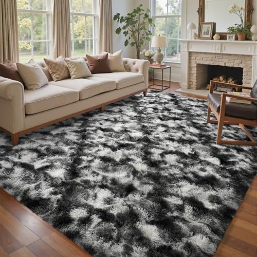 8x10 Ft Extra Large Shag Rugs for Living Room, Tie Dyed Ultra Soft Fluffy Furry Area Rugs for Bedroom Indoor Floor, Aesthetic Carpet for Kids Home Decor (Black Grey) - Image 2