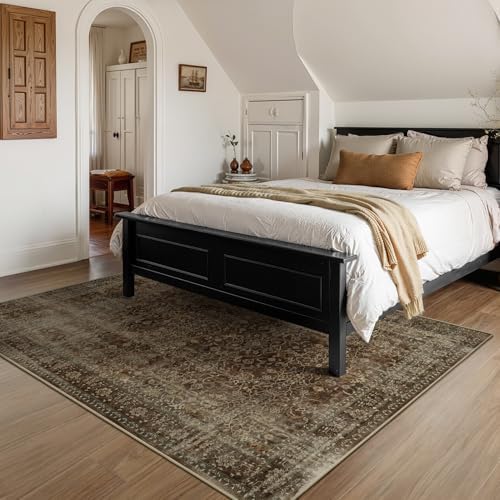 Vintage Brown 5x8 Area Rugs for Living Room, Distressed Earth Tone Dining Room Rug Washable Non Slip, Low Pile Thin Carpet Rugs for Den/Bedroom/Foyer/Home Office, Rich Coffee Brown - Image 4