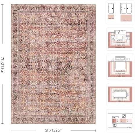 5x7 Area Rugs - Washable Vintage Retro Living Room Rug, Soft Ultra Thin Non Slip Low Pile Traditional Distressed Boho Carpet for Bedroom Dining Room Nursery Home Office, Vintage Iron Red - Image 2
