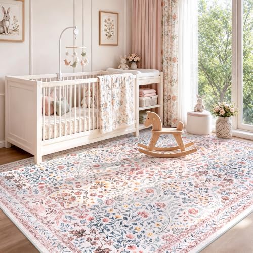 Tosuoka 8x10 Area Rugs Washable Vintage Floral Boho Pink Living Room Rug - Image 4