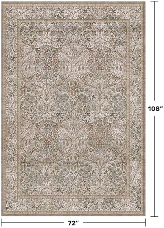Washable Dining Room Rugs for Under Table - 6x9 Moss Green Oriental Area Rug for Living Room, Low Pile Non-Slip Floor Carpet for Bedroom Under Bed - Vintage Brown Neutral Design & Stain Resistance - Image 2