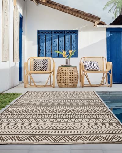 Outdoor Rug Carpet 9x12 ft, Flatweave Textured Outdoor Patio Rug Non Slip Indoor Outdoor Rugs with Rubber Particles Backing Boho Outdoor Area Rug for Patio Deck Front Porch Backyard Balcony, Brown - Image 4