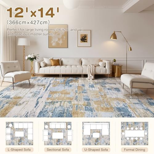 kakania Abstract 12x14 Area Rugs for Living Room: Washable Rugs Blue Gold - Image 2