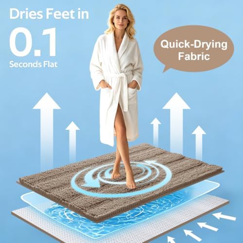 ACCUMTEK Striped Dark Beige Bathroom Rug Mat Set 2 piece 24"x17"+48"x20" Ultra Soft, Non Slip Chenille Bath Rugs, Absorbent Plush Shaggy Bath Mats for Bathroom, Bedroom, Kitchen, Shower, Tub,Taupe - Image 3