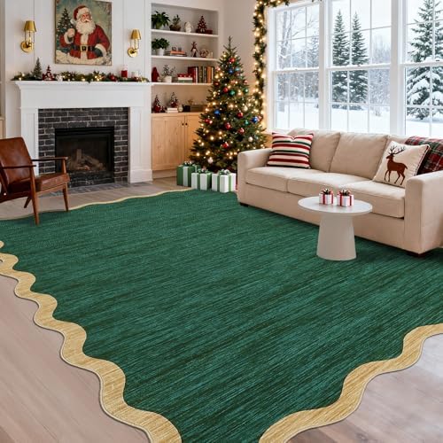GarveeHome Washable Rug 9x12 Area Rug for Bedroom Farmhouse Scalloped Living Room Rug Non Slip Large Area Rug Low Pile Throw Rugs Stain Resistant Carpet for Dining Room, Green 9 ft x12 ft by GarveeHome