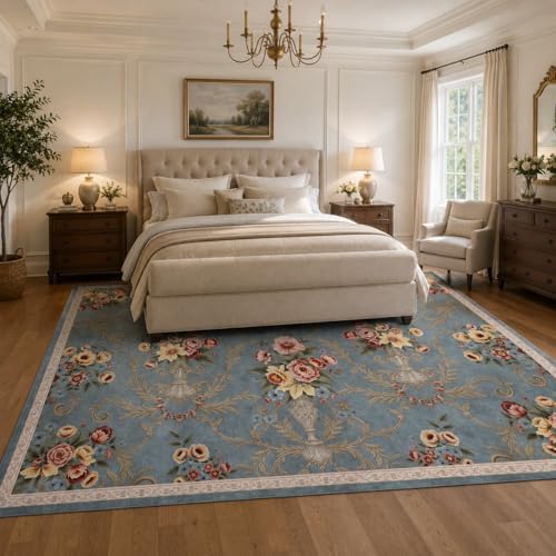 Helthep 8 * 10ft Blue Floral Vintage Washable Area Rug for Living Room - Image 2